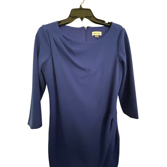 Calvin Klein Women's Blue Asymmetric Crew Neck 3/4 Sleeve Sheath Dress Size 8 - Picture 2 of 9